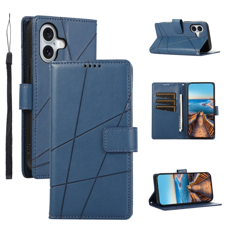 For iPhone 16 PU Genuine Leather Texture Embossed Line Phone Case(Blue) - iPhone 16 Cases by buy2fix | Online Shopping UK | buy2fix