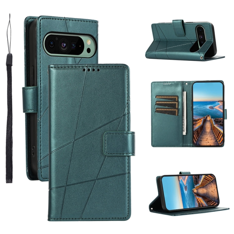 For Google Pixel 9 PU Genuine Leather Texture Embossed Line Phone Case(Green) - Google Cases by buy2fix | Online Shopping UK | buy2fix