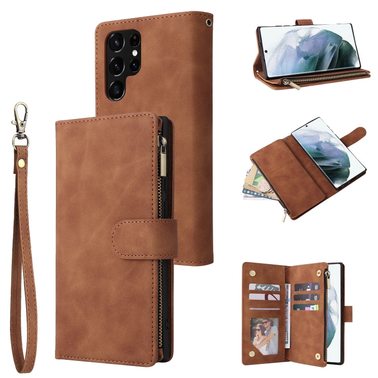 For Samsung Galaxy S22 Ultra 5G Multifunctional Frosted Zipper Wallet Leather Phone Case(Brown) - Galaxy S22 Ultra 5G Cases by buy2fix | Online Shopping UK | buy2fix