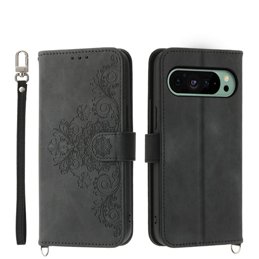 For Google Pixel 9 Skin-feel Flowers Embossed Wallet Leather Phone Case(Black) - Google Cases by buy2fix | Online Shopping UK | buy2fix