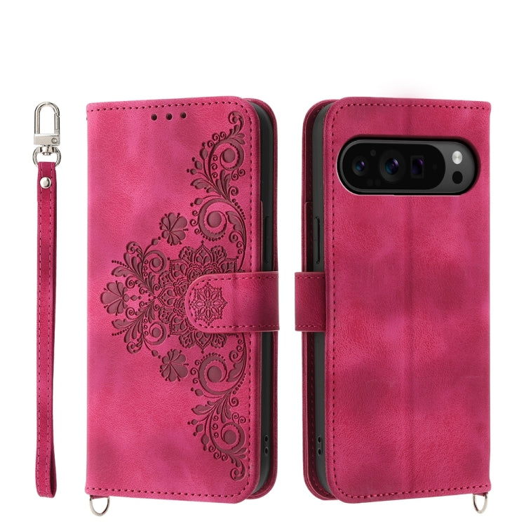 For Google Pixel 9 Pro Skin-feel Flowers Embossed Wallet Leather Phone Case(Wine Red) - Google Cases by buy2fix | Online Shopping UK | buy2fix