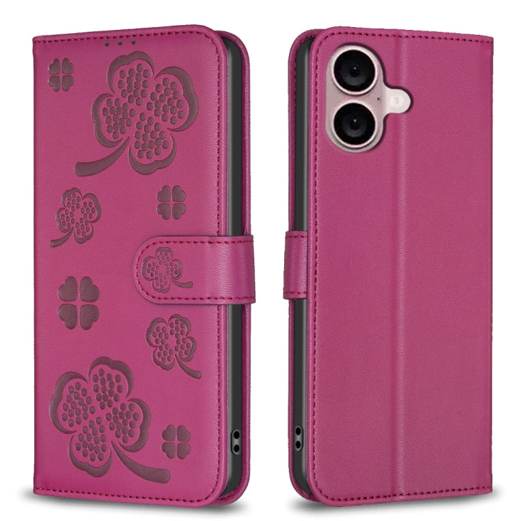 For iPhone 16 Four-leaf Embossed Leather Phone Case(Rose Red) - iPhone 16 Cases by buy2fix | Online Shopping UK | buy2fix