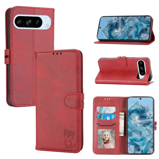 For Google Pixel 9 Embossed Happy Cat Pattern Flip Leather Phone Case(Red) - Google Cases by buy2fix | Online Shopping UK | buy2fix