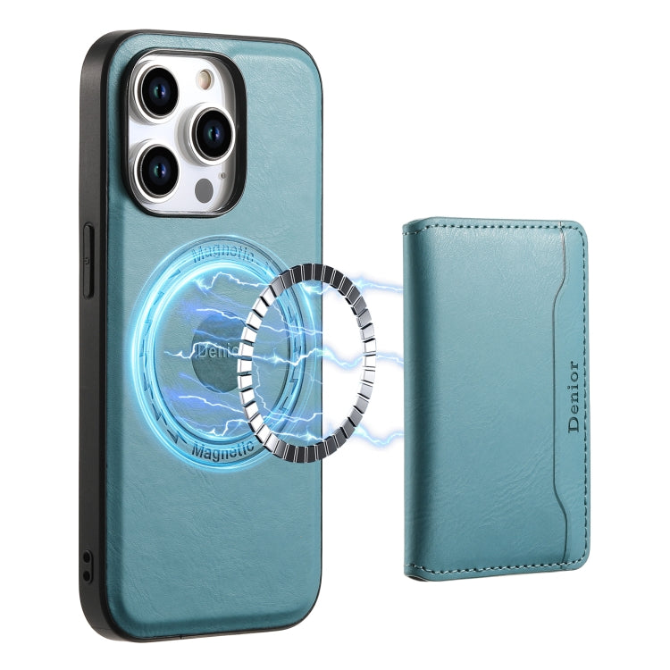 For iPhone 15 Pro Denior Cowhide Texture Leather MagSafe Detachable Wallet Phone Case(Blue) - iPhone 15 Pro Cases by Denior | Online Shopping UK | buy2fix