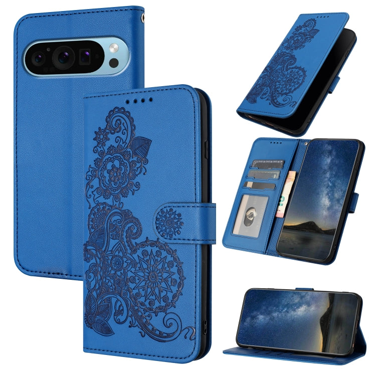 For Google Pixel 9 Pro Datura Flower Embossed Flip Leather Phone Case(Blue) - Google Cases by buy2fix | Online Shopping UK | buy2fix