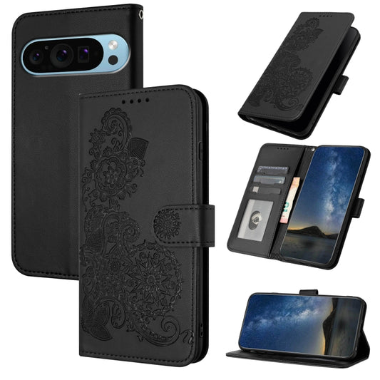 For Google Pixel 9 Pro Datura Flower Embossed Flip Leather Phone Case(Black) - Google Cases by buy2fix | Online Shopping UK | buy2fix