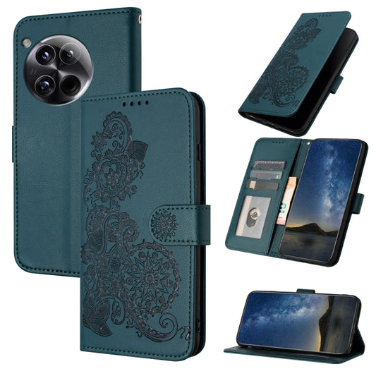 For OnePlus 12 Datura Flower Embossed Flip Leather Phone Case(Dark Green) - OnePlus Cases by buy2fix | Online Shopping UK | buy2fix