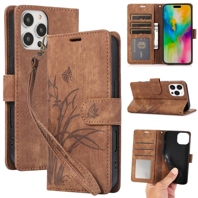 For iPhone 16 Pro Orchid Butterfly Embossed Leather Phone Case(Brown) - iPhone 16 Pro Cases by buy2fix | Online Shopping UK | buy2fix