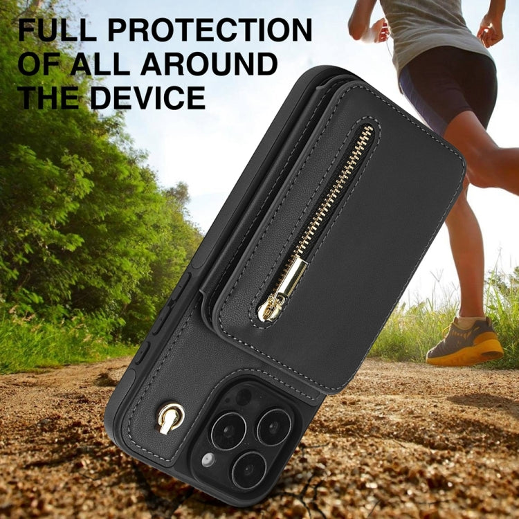 For iPhone 16 Pro YM006 Skin Feel Zipper Card Bag Phone Case with Dual Lanyard(Black) - iPhone 16 Pro Cases by buy2fix | Online Shopping UK | buy2fix