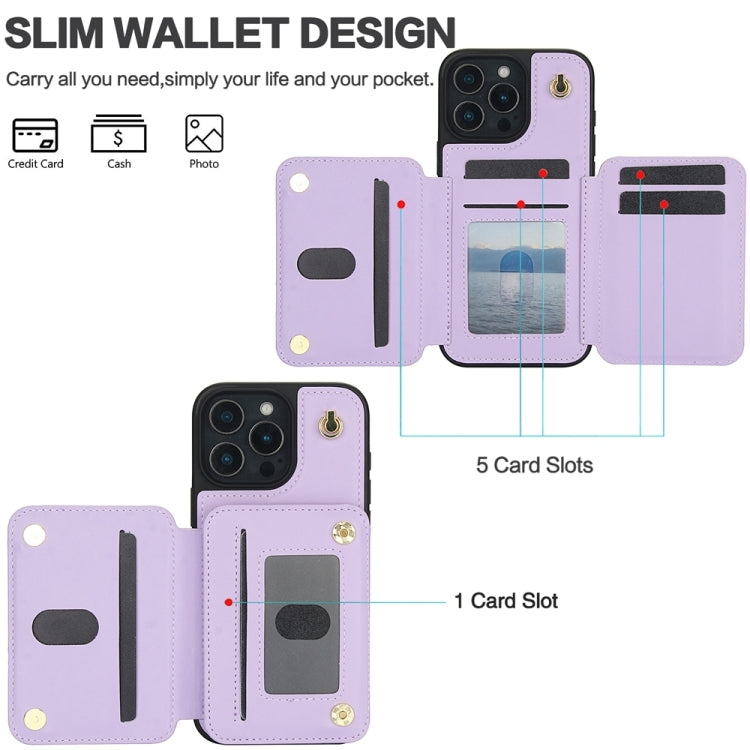 For iPhone 16 Pro YM006 Skin Feel Zipper Card Bag Phone Case with Dual Lanyard(Light Purple) - iPhone 16 Pro Cases by buy2fix | Online Shopping UK | buy2fix