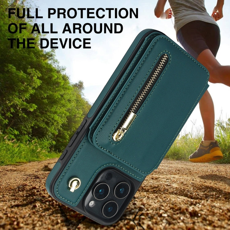 For iPhone 16 Pro YM006 Skin Feel Zipper Card Bag Phone Case with Dual Lanyard(Green) - iPhone 16 Pro Cases by buy2fix | Online Shopping UK | buy2fix