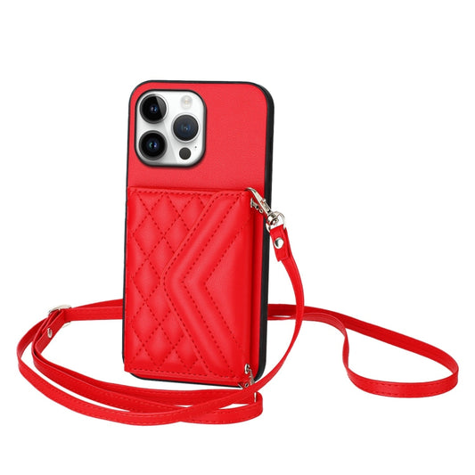 For iPhone 16 Pro Max Rhombic Texture Card Bag RFID Phone Case with Long Lanyard(Red) - iPhone 16 Pro Max Cases by buy2fix | Online Shopping UK | buy2fix