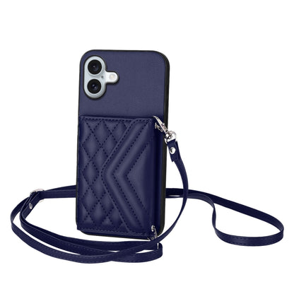 For iPhone 16 Plus Rhombic Texture Card Bag RFID Phone Case with Long Lanyard(Blue) - iPhone 16 Plus Cases by buy2fix | Online Shopping UK | buy2fix