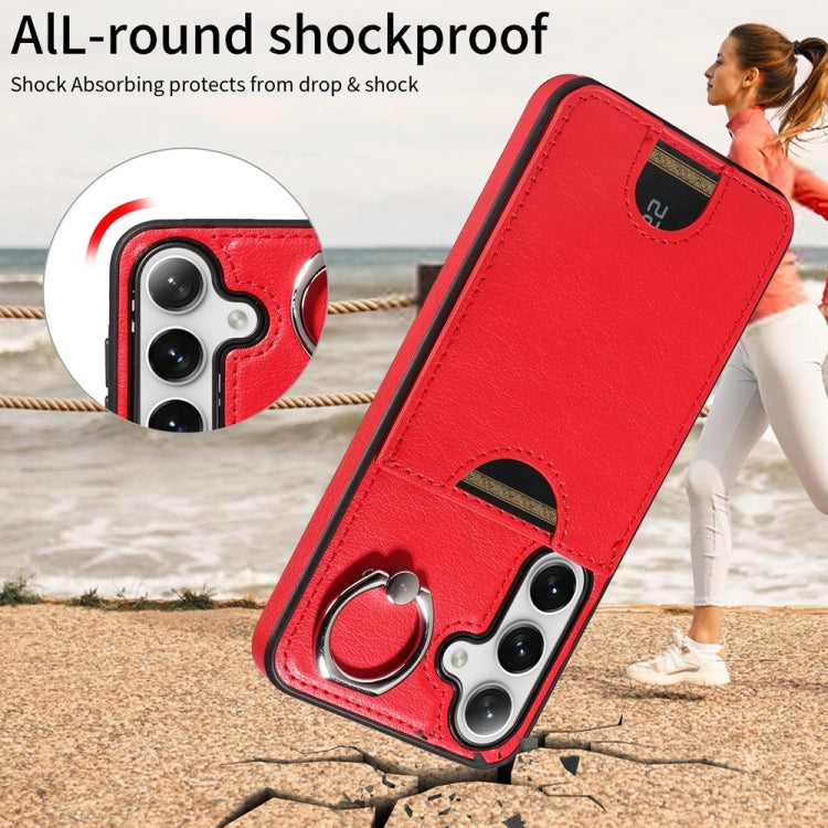 For Samsung Galaxy S24 5G Calf Texture Card Slot Ring Holder Phone Case(Red) - Galaxy S24 5G Cases by buy2fix | Online Shopping UK | buy2fix