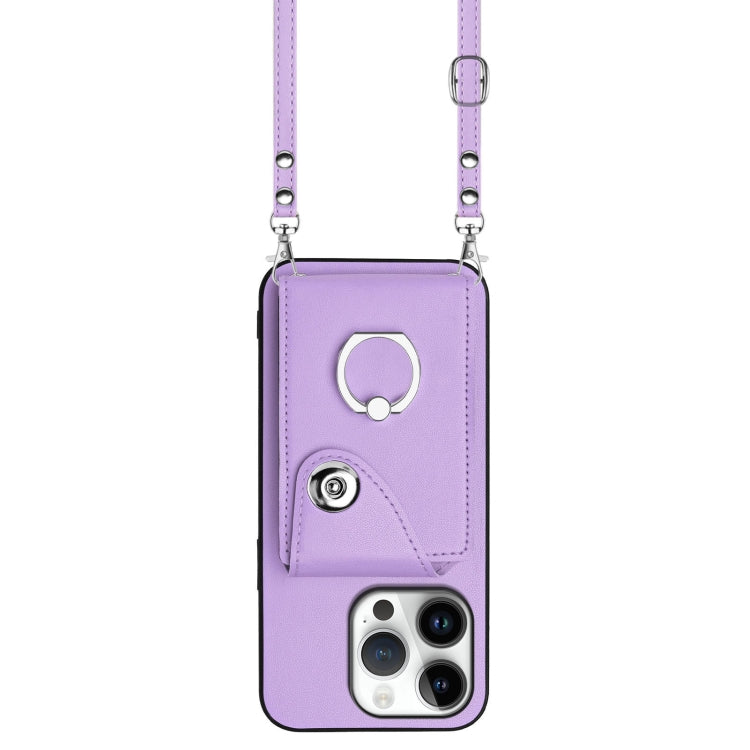 For iPhone 16 Pro Organ Card Bag Ring Holder Phone Case with Long Lanyard(Purple) - iPhone 16 Pro Cases by buy2fix | Online Shopping UK | buy2fix