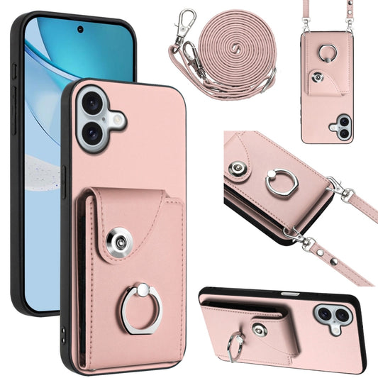 For iPhone 16 Plus Organ Card Bag Ring Holder Phone Case with Long Lanyard(Pink) - iPhone 16 Plus Cases by buy2fix | Online Shopping UK | buy2fix