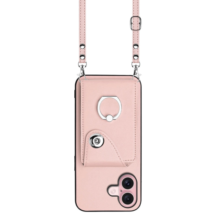 For iPhone 16 Organ Card Bag Ring Holder Phone Case with Long Lanyard(Pink) - iPhone 16 Cases by buy2fix | Online Shopping UK | buy2fix