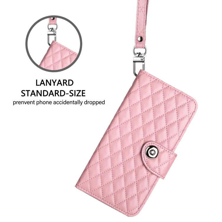 For iPhone 16 Pro Rhombic Texture Flip Leather Phone Case with Lanyard(Pink) - iPhone 16 Pro Cases by buy2fix | Online Shopping UK | buy2fix