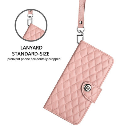 For iPhone 16 Plus Rhombic Texture Flip Leather Phone Case with Lanyard(Coral Pink) - iPhone 16 Plus Cases by buy2fix | Online Shopping UK | buy2fix