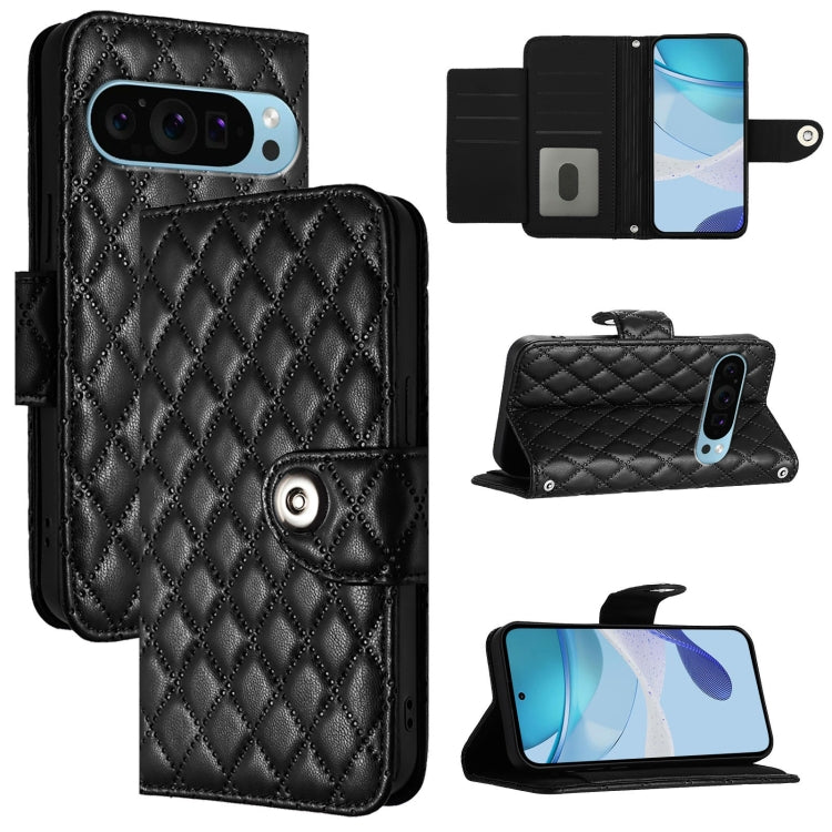 For Google Pixel 9 / Pixel 9 Pro Rhombic Texture Flip Leather Phone Case with Lanyard(Black) - Google Cases by buy2fix | Online Shopping UK | buy2fix