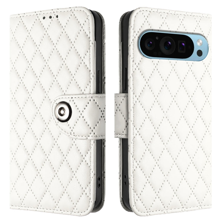 For Google Pixel 9 / Pixel 9 Pro Rhombic Texture Flip Leather Phone Case with Lanyard(White) - Google Cases by buy2fix | Online Shopping UK | buy2fix