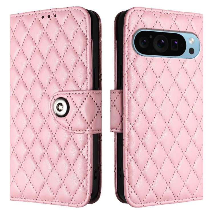 For Google Pixel 9 / Pixel 9 Pro Rhombic Texture Flip Leather Phone Case with Lanyard(Pink) - Google Cases by buy2fix | Online Shopping UK | buy2fix