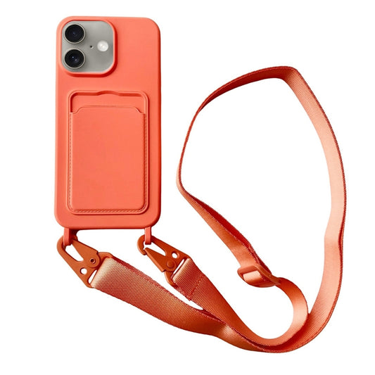 For iPhone 16 Plus Card Slot Liquid Silicone Phone Case with Lanyard(Orange) - iPhone 16 Plus Cases by buy2fix | Online Shopping UK | buy2fix