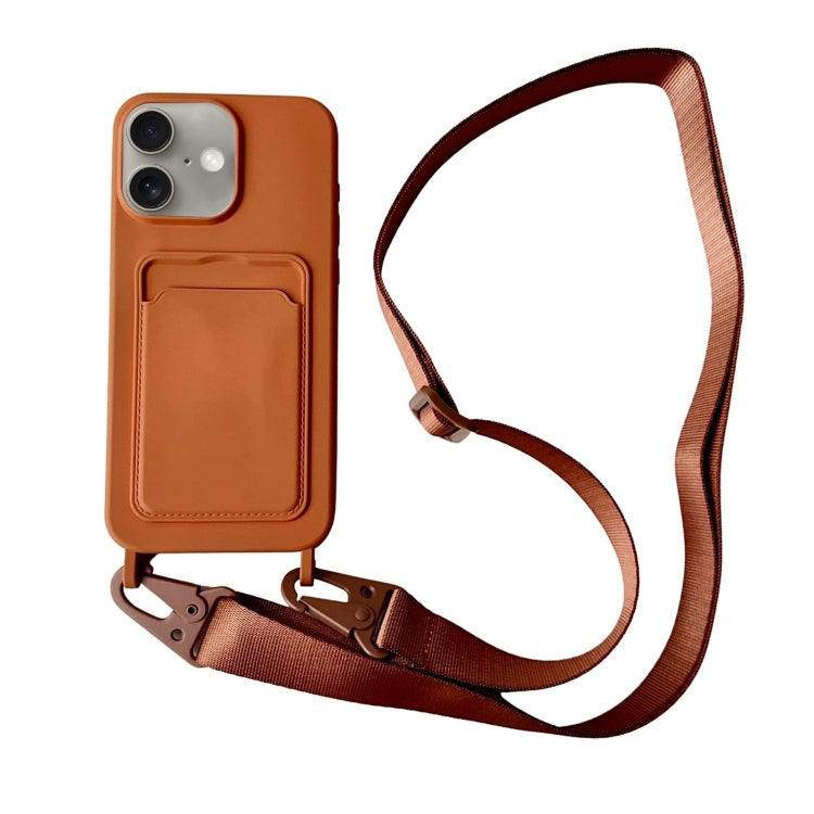 For iPhone 16 Card Slot Liquid Silicone Phone Case with Lanyard(Brown) - iPhone 16 Cases by buy2fix | Online Shopping UK | buy2fix