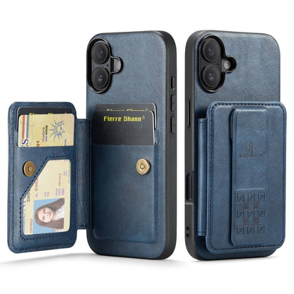 For iPhone 16 Plus Fierre Shann Oil Wax Cow Leather Card Holder Back Phone Case(Blue) - iPhone 16 Plus Cases by FIERRE SHANN | Online Shopping UK | buy2fix