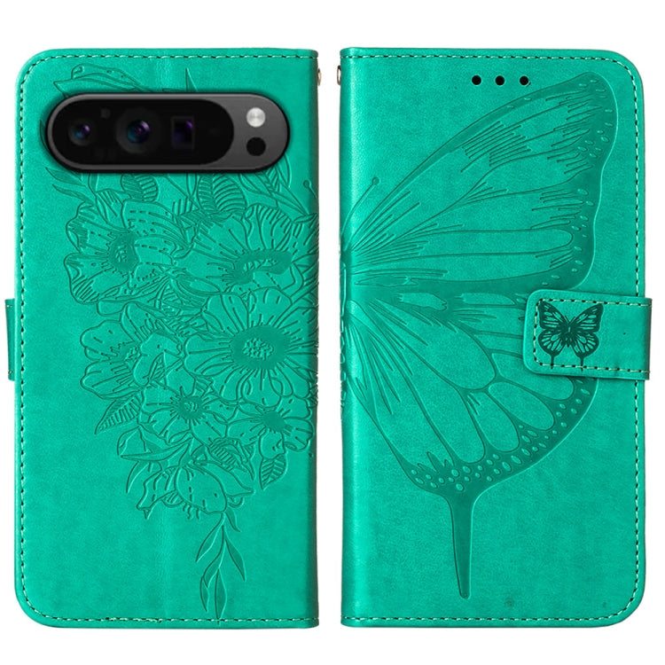 For Google Pixel 9 Pro Embossed Butterfly Leather Phone Case(Green) - Google Cases by buy2fix | Online Shopping UK | buy2fix