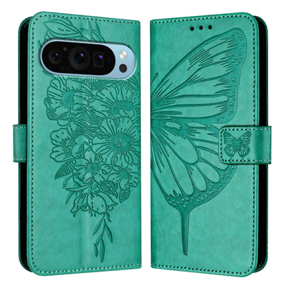 For Google Pixel 9 Pro XL Embossed Butterfly Leather Phone Case(Green) - Google Cases by buy2fix | Online Shopping UK | buy2fix