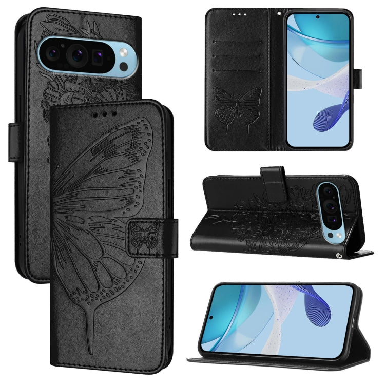 For Google Pixel 9 Pro XL Embossed Butterfly Leather Phone Case(Black) - Google Cases by buy2fix | Online Shopping UK | buy2fix