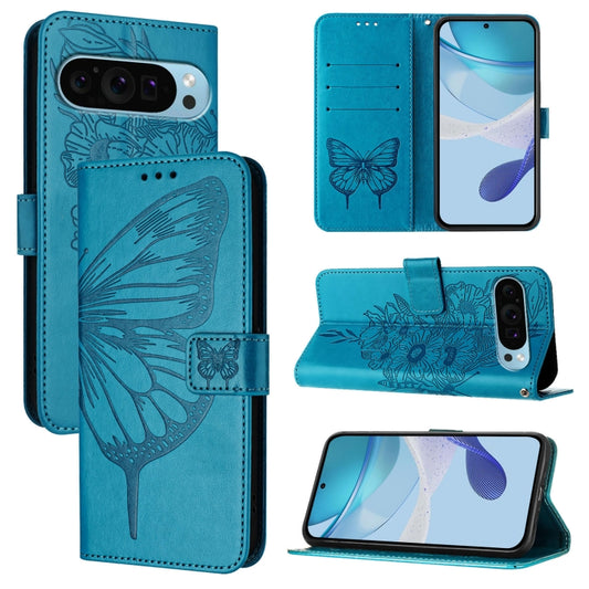 For Google Pixel 9 Pro XL Embossed Butterfly Leather Phone Case(Blue) - Google Cases by buy2fix | Online Shopping UK | buy2fix