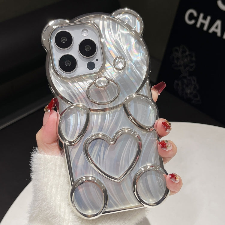 For iPhone 16 Pro Bear Shaped Embossed Electroplated Laser TPU Phone Case(Silver) - iPhone 16 Pro Cases by buy2fix | Online Shopping UK | buy2fix