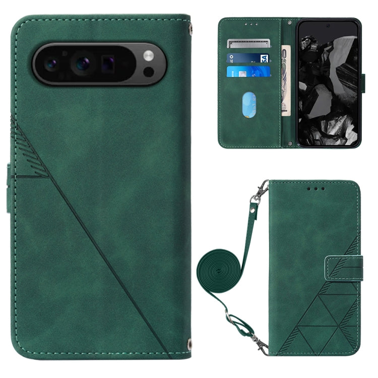 For Google Pixel 9 Pro Crossbody 3D Embossed Flip Leather Phone Case(Dark Green) - Google Cases by buy2fix | Online Shopping UK | buy2fix