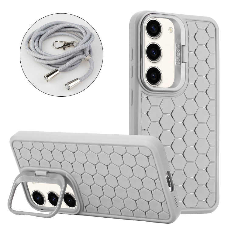 For Samsung Galaxy S23+ 5G Honeycomb Radiating Lens Holder Magsafe Phone Case with Lanyard(Grey) - Galaxy S23+ 5G Cases by buy2fix | Online Shopping UK | buy2fix