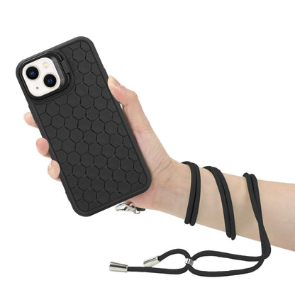 For iPhone 13 Honeycomb Radiating Lens Holder Magsafe Phone Case with Lanyard(Black) - iPhone 13 Cases by buy2fix | Online Shopping UK | buy2fix