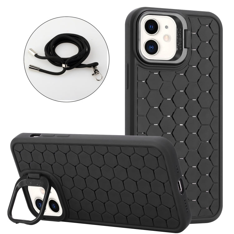 For iPhone 12 Honeycomb Radiating Lens Holder Magsafe Phone Case with Lanyard(Black) - iPhone 12 / 12 Pro Cases by buy2fix | Online Shopping UK | buy2fix