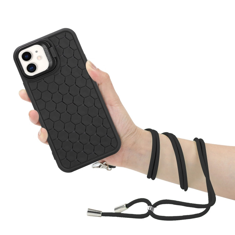 For iPhone 12 Honeycomb Radiating Lens Holder Magsafe Phone Case with Lanyard(Black) - iPhone 12 / 12 Pro Cases by buy2fix | Online Shopping UK | buy2fix