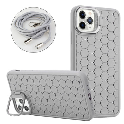 For iPhone 11 Pro Max Honeycomb Radiating Lens Holder Magsafe Phone Case with Lanyard(Grey) - iPhone 11 Pro Max Cases by buy2fix | Online Shopping UK | buy2fix