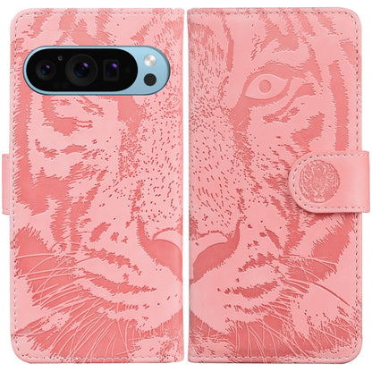 For Google Pixel 9 Tiger Embossing Pattern Flip Leather Phone Case(Pink) - Google Cases by buy2fix | Online Shopping UK | buy2fix