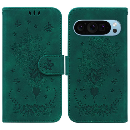 For Google Pixel 9 Pro Butterfly Rose Embossed Leather Phone Case(Green) - Google Cases by buy2fix | Online Shopping UK | buy2fix