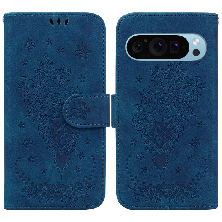 For Google Pixel 9 Butterfly Rose Embossed Leather Phone Case(Blue) - Google Cases by buy2fix | Online Shopping UK | buy2fix