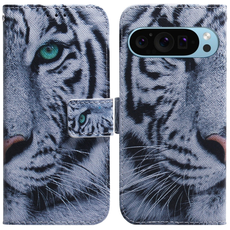 For Google Pixel 9 Pro Coloured Drawing Flip Leather Phone Case(Tiger) - Google Cases by buy2fix | Online Shopping UK | buy2fix