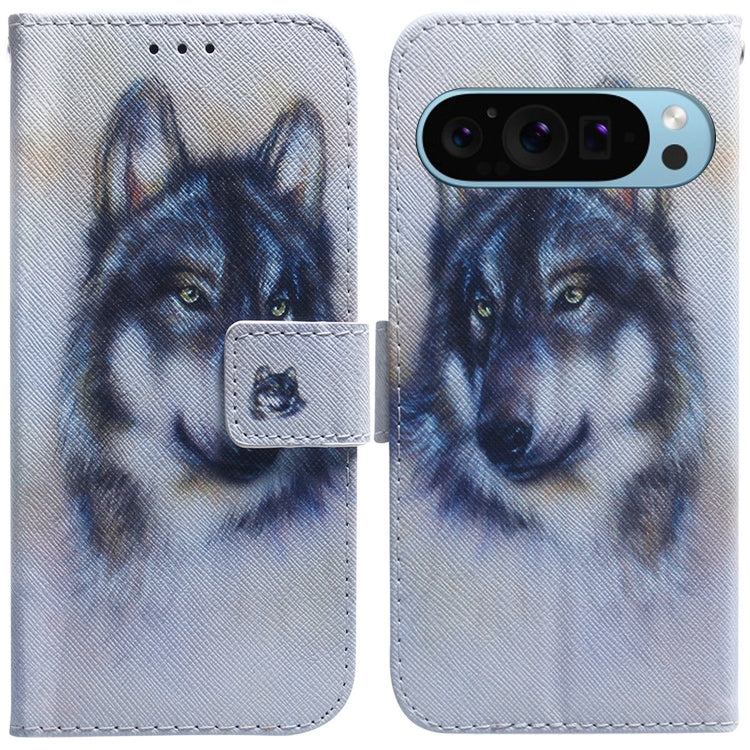 For Google Pixel 9 Coloured Drawing Flip Leather Phone Case(White Wolf) - Google Cases by buy2fix | Online Shopping UK | buy2fix