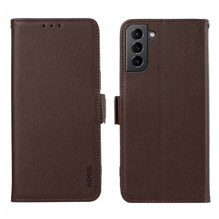 For Samsung Galaxy S21 5G ABEEL Side-Magnetic Litchi Pattern Leather RFID Phone Case(Brown) - Galaxy S21 5G Cases by buy2fix | Online Shopping UK | buy2fix
