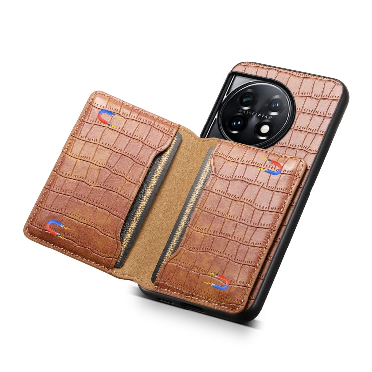 For OnePlus 11 Crocodile Texture Card Bag Design Full Coverage Phone Case(Brown) - OnePlus Cases by buy2fix | Online Shopping UK | buy2fix