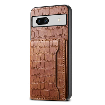 For Google Pixel 7a Crocodile Texture Card Bag Design Full Coverage Phone Case(Brown) - Google Cases by buy2fix | Online Shopping UK | buy2fix