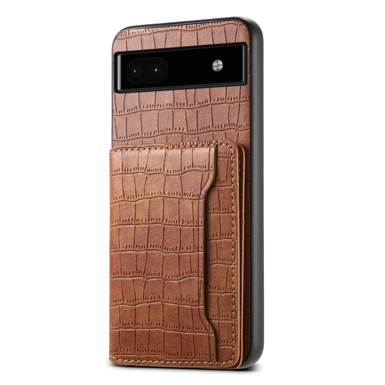 For Google Pixel 6a Crocodile Texture Card Bag Design Full Coverage Phone Case(Brown) - Google Cases by buy2fix | Online Shopping UK | buy2fix