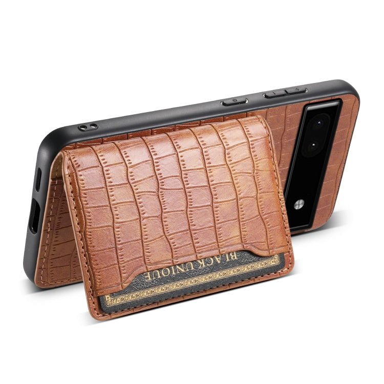 For Google Pixel 6a Crocodile Texture Card Bag Design Full Coverage Phone Case(Brown) - Google Cases by buy2fix | Online Shopping UK | buy2fix